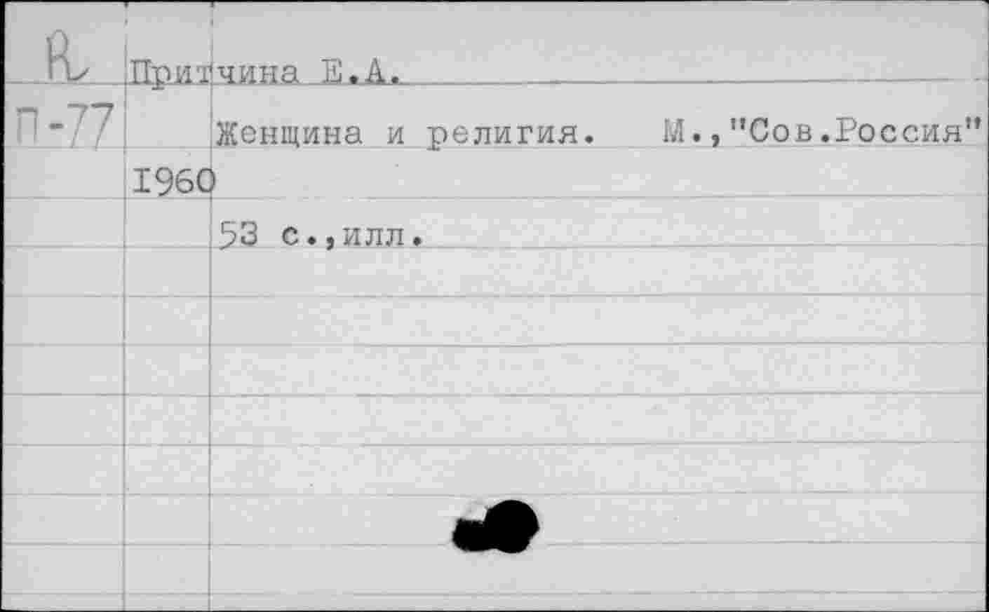 ﻿	Прит	чина Е.А.	_ .
п-77		Женщина и религия. И"Сов.Россия
	196С	
		53 с.,илл.
		
		
		
		
		
		
		
		